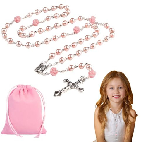 KHDULQ Chapelet Catholique,70 cm Rose Chretien Croix Chretienne Femme Bible Bapteme Collier Perle Fleurs Communion Chaplets Cadeau Fille Orthodoxe Première Dizainier Amulette Protection