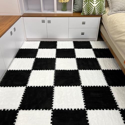 10Pack Square EVA Puzzle Play Mat Interlocking Floor Tiles,Foam Plush Carpet Crawling Mat Floor Protective Mat for Bedroom Sensory Room (White Black,1.0cm Thick)
