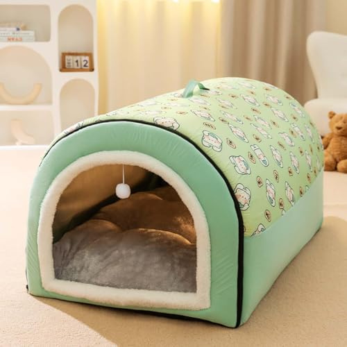 Dog Bed 2 In 1 Dog House Large Pet Cave, Foldable Calming Dog Kennel with Anti Anxiety Soft Warm Cushion, Removable Washable Pet Igloo Bed for Dogs Cats, Non-Slip (XL:75x50x50cm,Green)