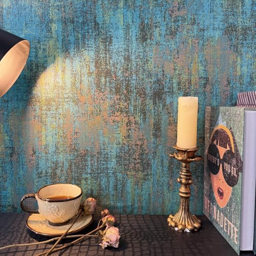 JiffDiff Vintage Metallic Wallpaper Peel and Stick Wallpaper Self Adhesive Industrial Metallic Concrete Wallpaper Modern Stick on Wallpaper(17.3 x 800 Blue Gold)