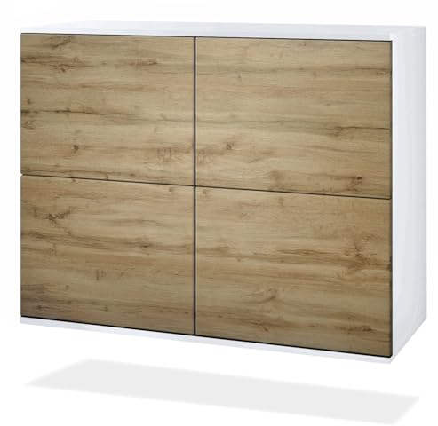 Vladon Kommode Rova V3, Moderner Küchenschrank mit 4 Push-to-Open Türen Weiß matt/Eiche Wotan (92,5 x 73.5 x 35)