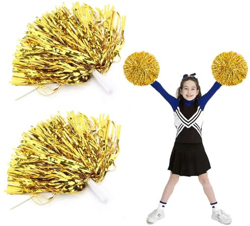 2 Piezas Pompones de Animadora, Pompones de Animadora con Mango, Pompones de Animadora de Plástico, Pompones de Porrista, para Competición Deportiva, Pompones de Baile, Oro