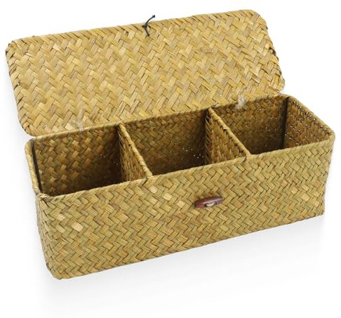 GENHH Cesta Vimini con Coperchio 33 x 13x11 cm, Scatola Porta Oggetti Vimini con Coperchio, Scatola di Vimini Rettangolare con Scomparti Cestini Portaoggetti Vimini con Coperchio