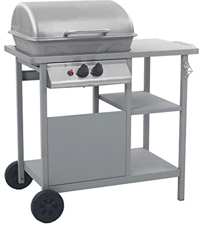 Gasgrill mit 3-lagigem Beistelltisch schwarz und silber