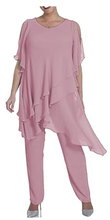 Ensemble de 2 pièces en mousseline de soie pour mère de mariée - Grande taille - Manches mi-longues - Pour invités de mariage, vieux rose, 46