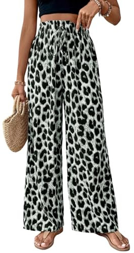 SweatyRocks Lockere Hosen Damen Elegant Weite Hose Leo Hose Weites Bein Damenhose Mit Gummizug Plissee Hosen Lang Strandhose Grau L