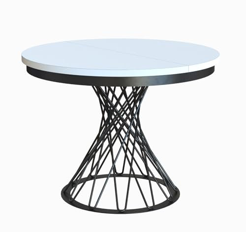 MEBLINI Esstisch Rund Ausziehbar aus Metall - Loft - Esszimmertisch Modern - Küchentisch - Ausziehtisch - Round Dining Table - Esszimmertische - 100-138x77cm - LUCO - Weiß Matt/Schwarz Matt