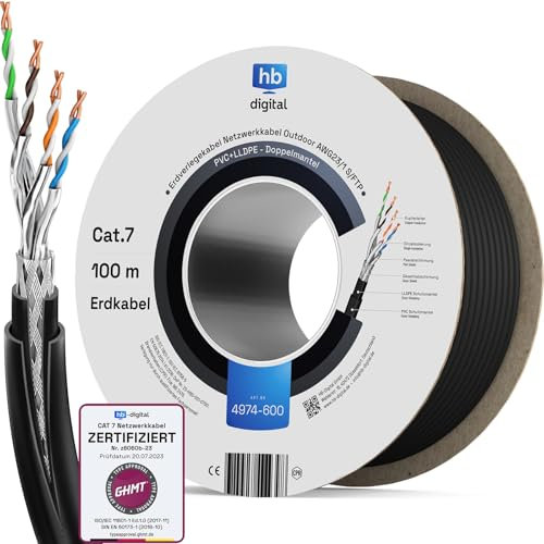 HB-DIGITAL Cable de red para exteriores (cat. 7, 100 m, para enterramiento directo, S/FTP AWG23/1, cobre puro, doble revestimiento, PVC + LLDPE, resistente al agua, PoE 10 Gbps, cable Ethernet para