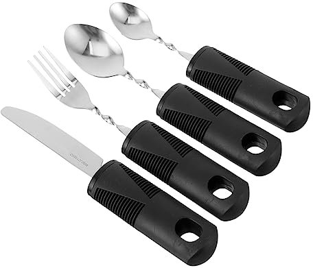 MAGICLULU Ustensiles Lestés Pour Personnes Âgées Et Adultes En Acier Inoxydable Noir Pliables 4 Pièces Manche Antidérapant Adaptés Aux Patients Neurologiques Et à La Rééducation