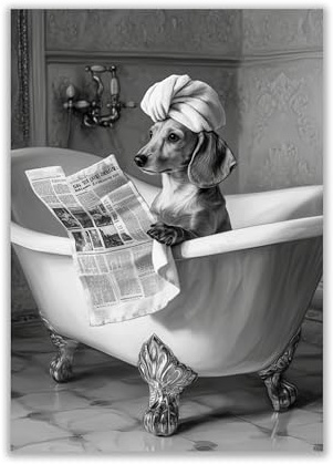 WBdesignz Lustiges Hunde-Poster – Dackel liest Zeitung in der Badewanne – Humorvolle Wanddeko in Schwarz-Weiß für Badezimmer, Gäste-WC oder Spa (DIN A4) – ohne Rahmen