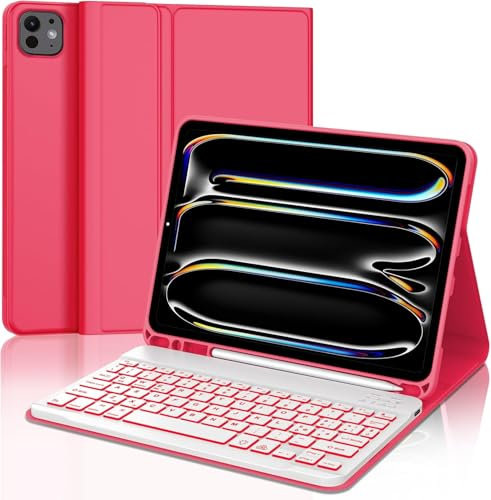 WAVATA Tastiera per iPad Pro 11 M4 2024 con Retroilluminata, Custodia Tastiera per iPad Pro 11 Magnetica Bluetooth Italiano Staccabile Cover con Tastiera QWERTY Layout, Rosso