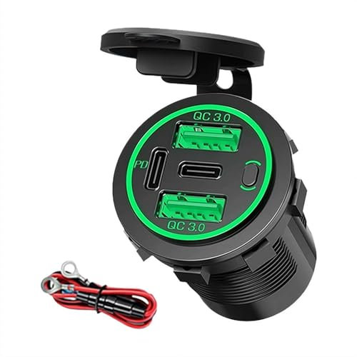 Prise USB à quatre ports 12 V avec interrupteur et LED – 78 W double QC3.0 et double PD3.0 USB C pour voiture, bateau, moto, camping-car, camion, VTT, chariot