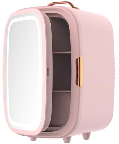 Mini Fridge 15L Cans Cooler and Warmer Portable Mini Fridge for Bedrooms with 3 LED Light Mirror, Beauty Fridges AC+12V DC Small Fridges for Skincare, Cosmetics, Car, Office, Drinks (Pink)