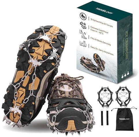 TREKOLOGY Crampons for Hiking Boots – 19-Spike Stainless-Steel Microspikes & Ice Cleats, Durable Traction Crampons for Boots, Snow & Ice Grip for Men & Women Winter Hiking (Medium)