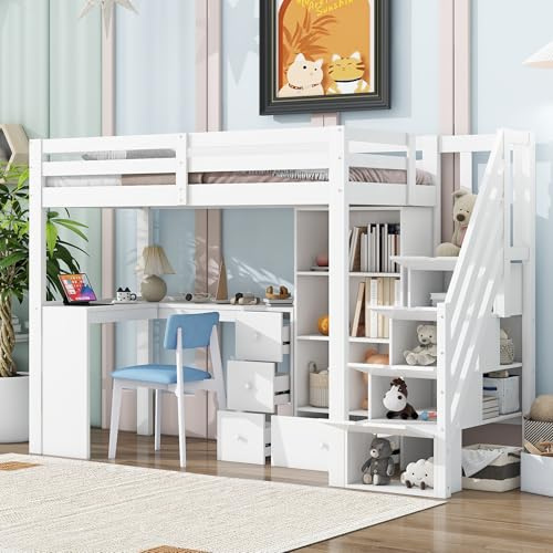 OKMYHOME Lit Mezzanine 90x200 cm - Lit Enfant avec Bureau Et Rangement, Échelle Escamotable, Bois MDF - sans Matelas - Blanc