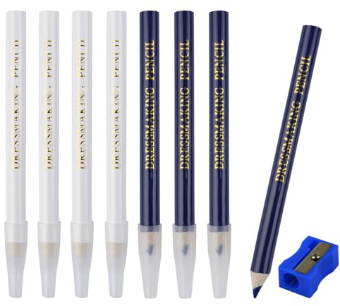 Neerow 8 pcs Tailors Chalk Pencil for Fabric Marking, 8.8 cm Fabric Pencil | with Sharpener and Cap, 2 Colors Tailoring Tracing Tools for Sewing, Quilting, Dressmaking, Crafting (Blue, White)
