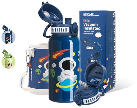 UZSPACE Botella Agua Acero Inoxidable Niños de 600 ml con Funda y 2 Tapas, A Prueba de Fugas, Manejo con Una Sola Mano, sin BPA, Termo con Pajita para Niños, Niñas, Escuela, Guardería (Cosmos Azul)