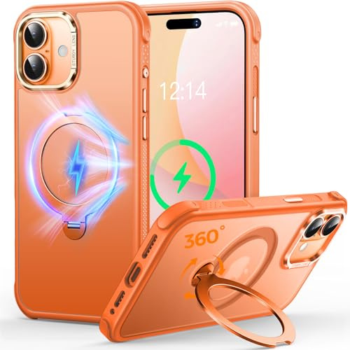 CUTELFON O3 Mag-Ständer Entwickelt für iPhone 17 Hülle mit 360° Ständer,[Kompatibel mit MagSafe][Super Hautgefühl] Durchscheinende Matte Magnetische Schlanke Handyhülle 6,3,Matt Orange
