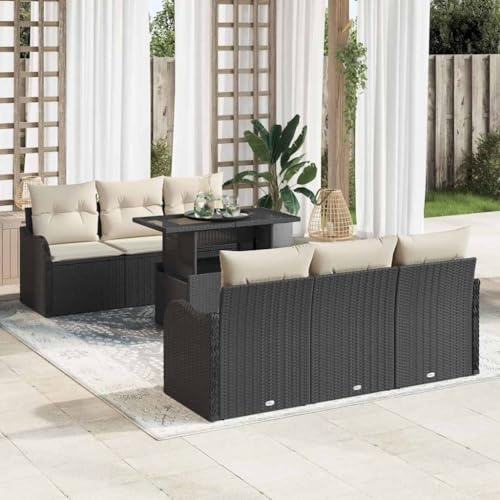 Ziaphsol Gartensofa-Set, 7-teilig, Schwarz/Creme, Poly-Rattan, modular, wetterfest, höhenverstellbarer Tisch, für Terrasse, Balkon, Outdoor-Bereich