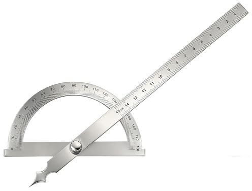 0–180° Rapporteur d’Angle en Acier Inoxydable avec 15cm Règle Pivotante Goniomètre de Précision avec Vis de Blocage Metal Goniometre Outil de Mesure pour École Menuiserie Bricolage Dessin Travail Bois