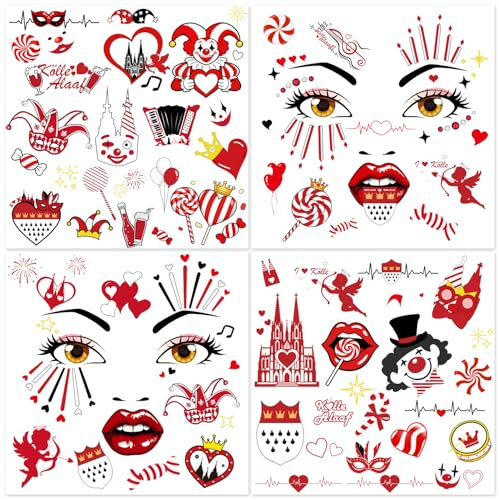 4 Blatt Gesichtstattoo Karneval，Damen Herren Gesicht Aufkleber，Klebetattoos Kölle Alaaf Rot Weiss Herz Tattoos，Erwachsene Kinder Fasching Schminke Accessoires，Rot Weiss