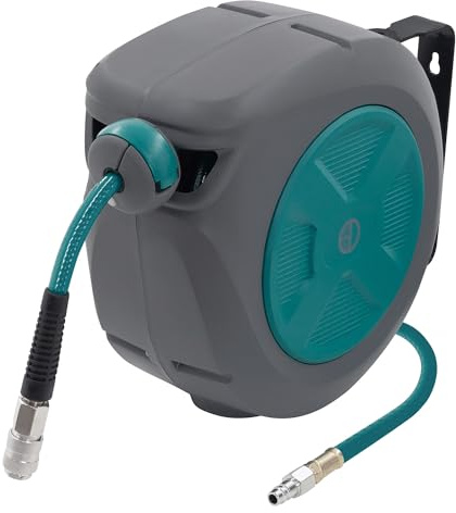 ECD Germany Druckluftschlauchtrommel 10m+1m, Automatischer Aufroller mit Arretierfunktion, 1/4 Anschluss, Schnellkupplung, 15 bar, 180° schwenkbar, Ø12mm, Automatik Schlauchaufroller für Wandmontage