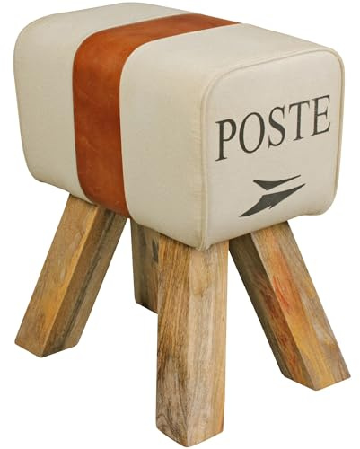Wohnling Turnbock Sitzhocker Canvas 40x30x47 cm Echtleder Stoff Braun | Beistellhocker im Retro-Look mit Aufdruck bis 120 kg, Fußhocker sportlich, Hocker mit massiven Holzbeinen