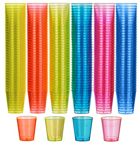 MATANA 300 Verres à Shot en Plastique Fluo, 30ml - Lumière Noire/UV-Réactive - Verres à Shooter Colorés Solides - Verrines en Plastique Réutilisables pour Fêtes, Anniversaires, Mariages