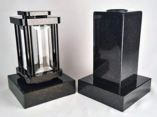 designgrab Modern Grablampe mit Cube-medium Vase und 2 Stück Sockel aus Granit Schwedisch Black SS1 schwarz, Grabschmuckset
