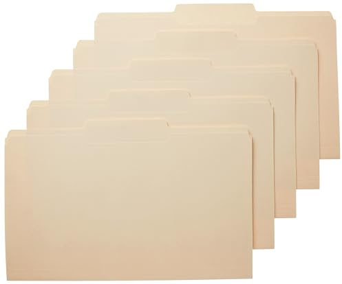 Amazon Basics Sturdy Manila File Folders, 1/3 Tabs in Assorted Positions for Filing and Easy Labeling, Legal Size, 8.5 x 14 inch, 100-Pack