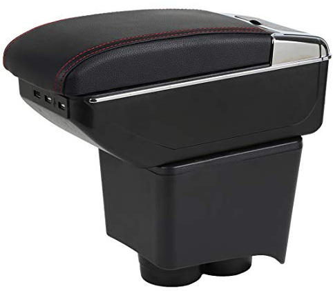 YJYWZH Armlehne für VW Polo 2002-2009 mit USB und Getränkehalter | 6 USB + 1 USB-C,Mittelarmlehne Mittelkonsole,Doppelstauraum,Verschiebbare Armauflage,PU-Leder,Schwarz mit Roter Naht