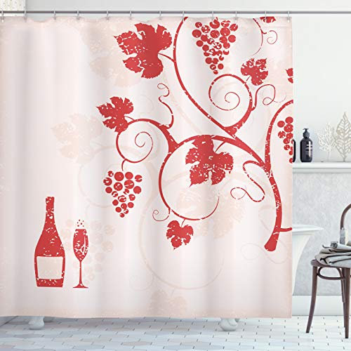 ABAKUHAUS Traube Duschvorhang, Weingut und Früchte auf Baum, Stoffliches Gewebe Badezimmerdekorationsset mit Haken, 175 x 200 cm, Dunkle Koralle