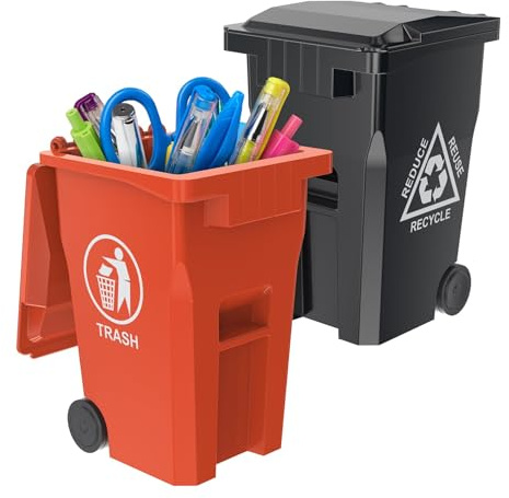 Wiosi Mini Trash Can Stationery Bin Organiser and Unique Tiny Size Recycling Cans Set Pencil Cup Desktop Holder Black Orange 2-Pack