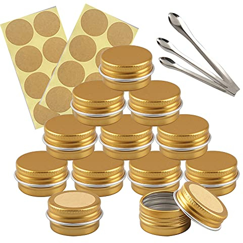 TIANZD 50 Pieces 5 ml Empty Gold Round Aluminum Tin Jars with Screw Lids Cosmetics Lip Balm Containers Pots for DIY Candle Salve Salt Powder Crafts Storage Cans with 3x Spoon, 50x Labels