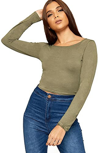 STAR FASHION Women’s Long Sleeve Crop Top Ladies Round Neck Cropped T-Shirt Short Mini Shirt Plain Printed Tops Khaki-12-14