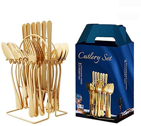 Shineyoo 24 Pieces Gold Cutlery Set with Stand for 6 People Stainless Steel Knife Fork Spoon Hanging Flatware Set,Reusable Easy Clean & Dishwasher Safe