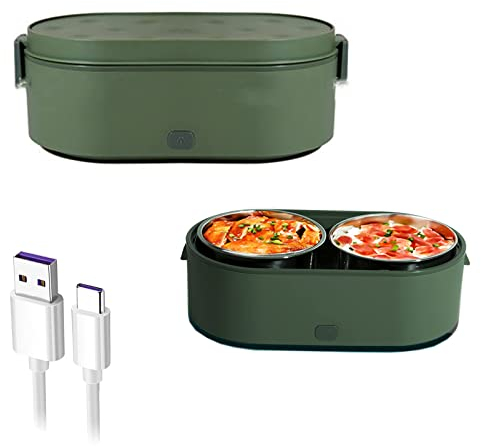 FZYE Lunch Box Alimentato USB, Scaldavivande Elettrico Lunch Box per Auto e Casa 2 Contenitore in Acciaio Inox Scaldavivande Lunch Box Portatile Mini Auto Microonde,Verde