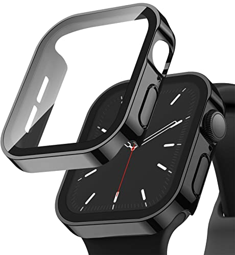 Recoppa 2 Stück Apple Watch Schutzhülle 45mm, Rechtwinklige Hülle mit Displayschutz aus Glas für Apple Watch Series 7, Schwarz*2