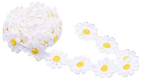 XCSJ 5 Yard 25mm Blumen Spitzenband Spitzenborte Stickerei Dekoband Zierband Borten Bänder Blumenband Gänseblümchen Dekoband Spitzen Spitzenborte Für Hochzeit Deko Handwerk Nähen Deko (Gelb,Weiß)