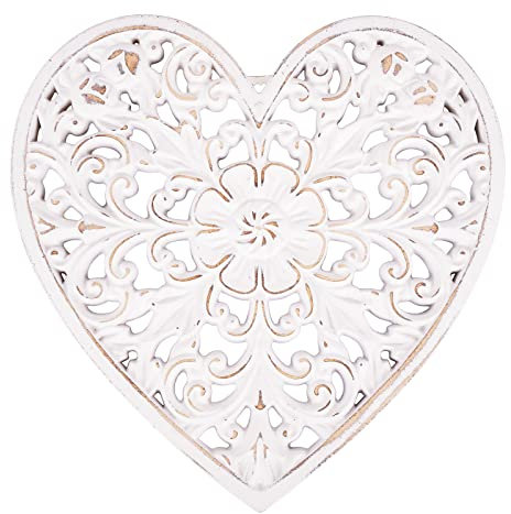 Panneau mural en bois à suspendre, médaillon, décoration murale, 30,5 cm, en forme de cœur, sculpté à motif floral, panneau mural en MDF blanc vieilli pour votre chambre ou votre bureau