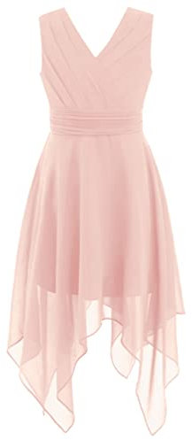 YiZYiF Enfant Fille Robe Princesse Habillée Mousseline Robes de Mariage Soirée Cocktail Cérémonie Asymétrique Col V sans Manches Robe Demoiselle d'honneur 7-16 Ans Rose 13-14 Ans