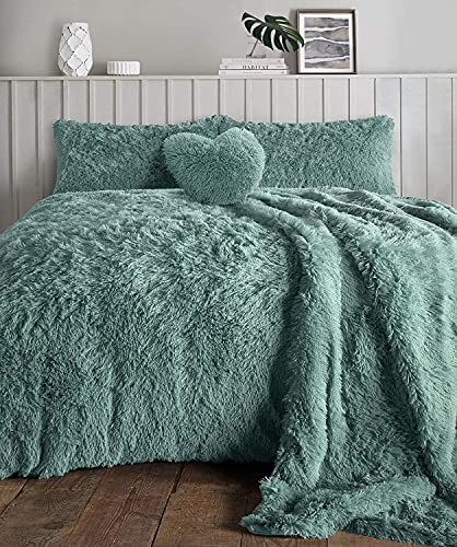 NIGHTZONE Luxury Teddy Bear Fleece Long Fur Cuddles Alaska Duvet Cover Set Warm Cosy Soft Teddy Bedding Set (Alaska Teal, Super King)