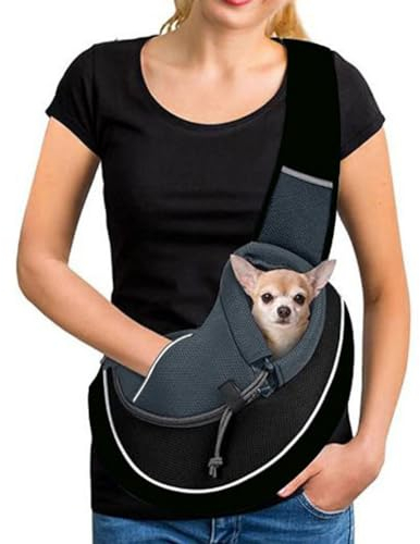 Sac de Transport Chien Portable Sac à Bandoulière Chien Chat Réglable Sac de Voyage pour Petits Animaux Maille Respirant Sac Ventrale Chiot Confortable avec Poche pour Extérieur Marche Métro,Noir,S