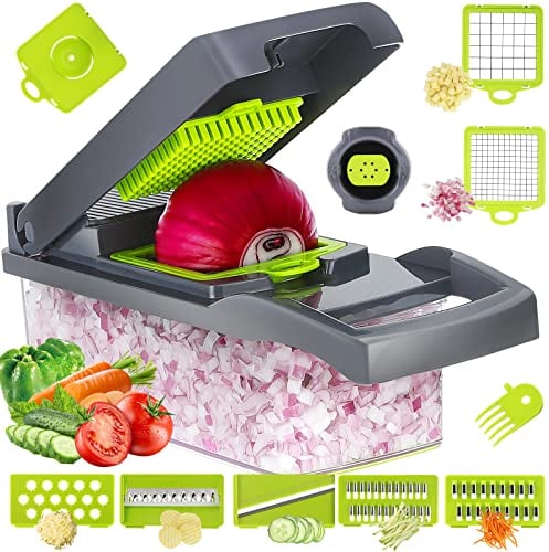 Premium 7 Blade Veggie Chopper, 12-in-1 Onion & Veggie Cutter, Mandolin Slicer with Container