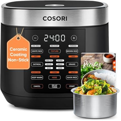 Cosori Rice Cooker 10 Cup, 24h Keep Warm, Non-stick Ceramic Inner Pot, 18 Functions Fuzzy Logic Rice Maker with Stainless Steel Steamer Basket, Sauté, Slow Cooker, Black