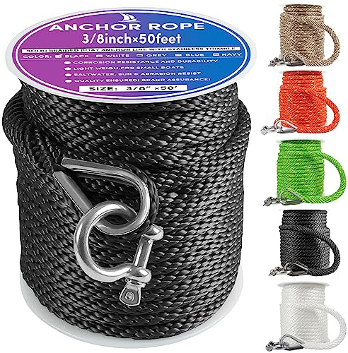 Premium Anchor Rope 50 ft x 3/8 inch, Solid Braid MFP Anchor Line Boat Rope with Thimble & Shackle - Black