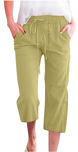 oglccg Womens Capris Trousers 3/4 Pants Cotton Linen Elastic High Waist Cropped Pants Drawstring Summer Autumn Solid Color Pockets Loose Pants Straight Wide Leg Trousers Outdoor Plus Size 8-68