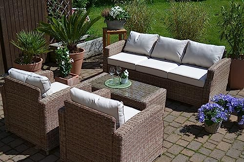 bomey Rattan Lounge-Set Gotland Natur - 3-Sitzer Loungesofa + 2 Rattansessel und 1 Tisch 110 x 57 cm, Exklusive Sitzgruppe in braun-Grauer Naturfarbe