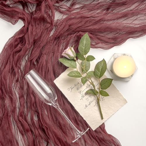 AOKSUNOVA Tischläufer Bordeaux Rot Tischläufer Hochzeit Tüll 300x80cm Dekostoff Tüllstoff