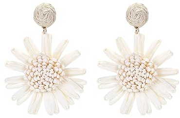 TOEECY Rattan Ohrringe für Frauen und Mädchen Blume Groß Handgemachte Geflochtenes Böhmischer Ethnischer Stil Boho Retro Mode Persönlichkeit Strand Geschenke Schmuck (Weiß)